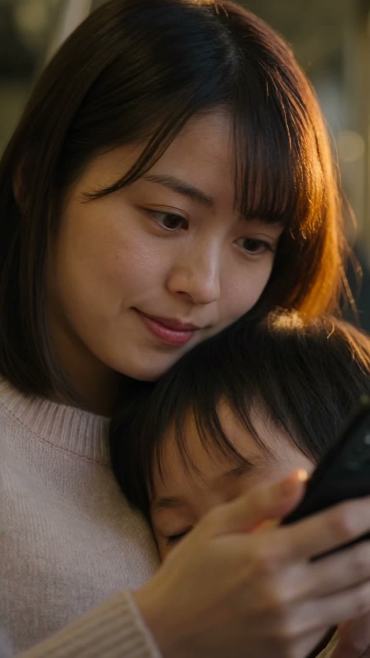 帰りの電車で、子どもと一緒にスマホを見る親
