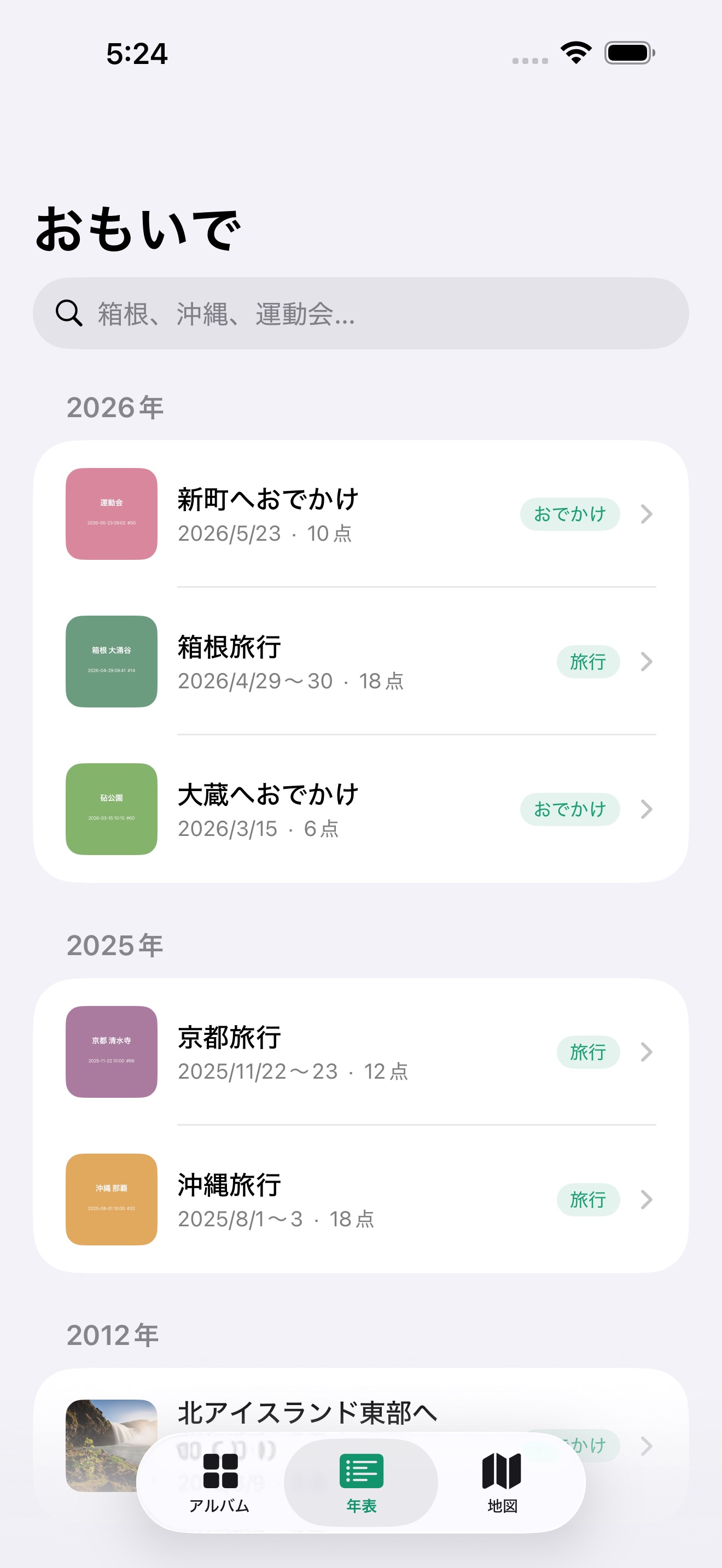 旅行ごとに区切られた年表画面